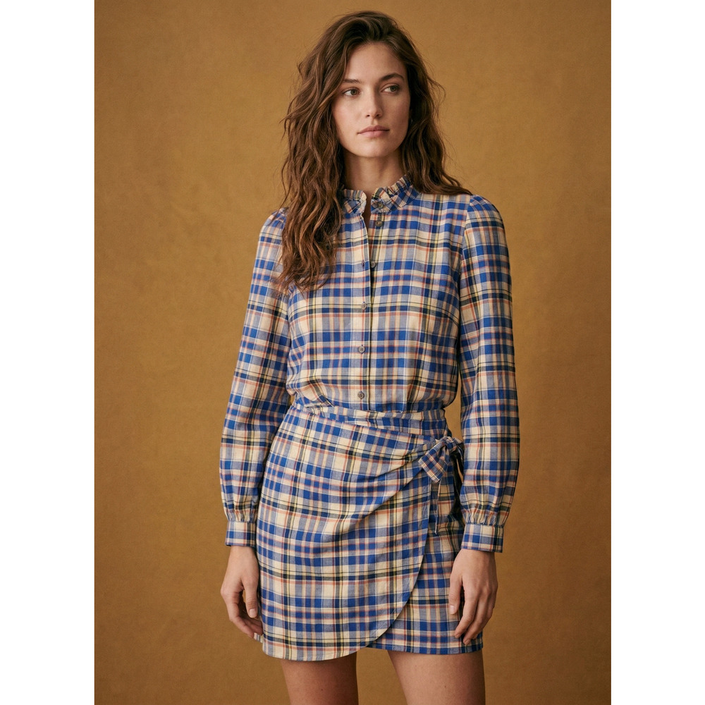 Sezane Plaid Telma Mini Dress Blue Ochre Tartan Ruffle Collar Wrap EU 38 US 6